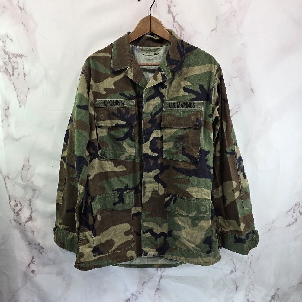 Air Force Military Jacket Men Medium Woodland Camo Top Shirt BDU Fatigue Patches